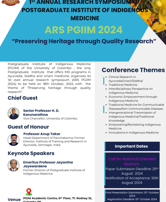 1st Annual Research Symposium of Postgraduate Institute of Indigenous Medicine (ARS PGIIM 2024)