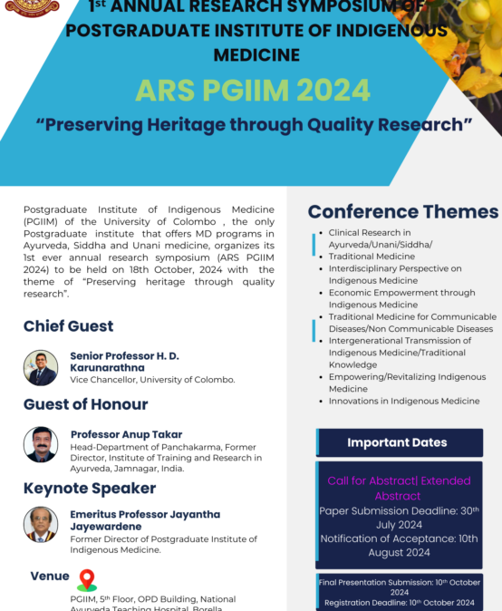 1st Annual Research Symposium of Postgraduate Institute of Indigenous Medicine (ARS PGIIM 2024)