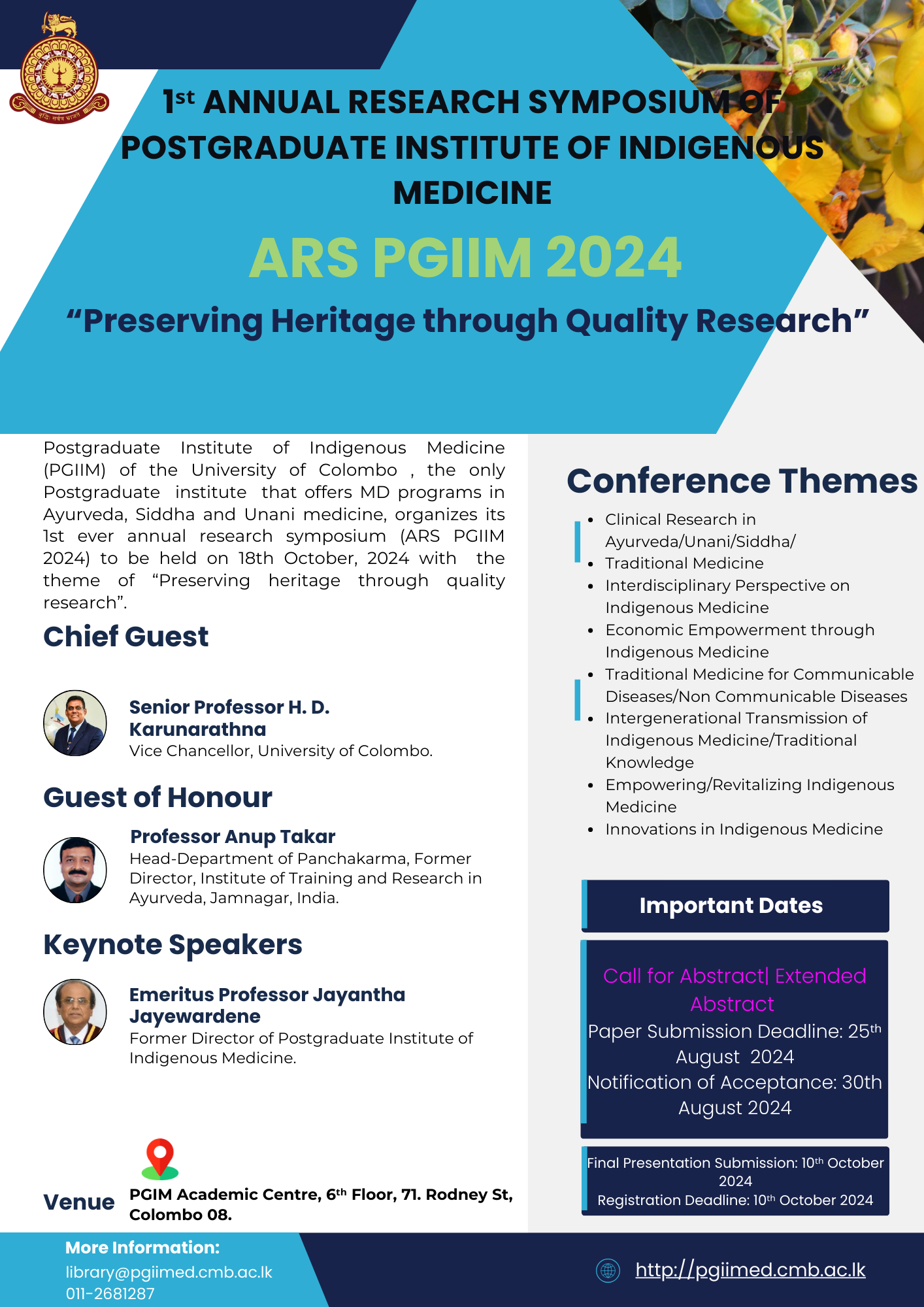 1st Annual Research Symposium of Postgraduate Institute of Indigenous Medicine (ARS PGIIM 2024)