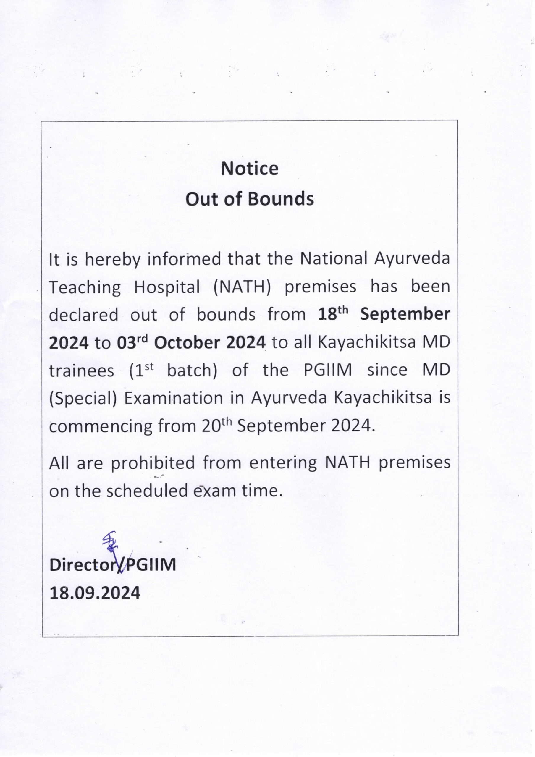 Out of Bound NATH Premises to MD Trainees